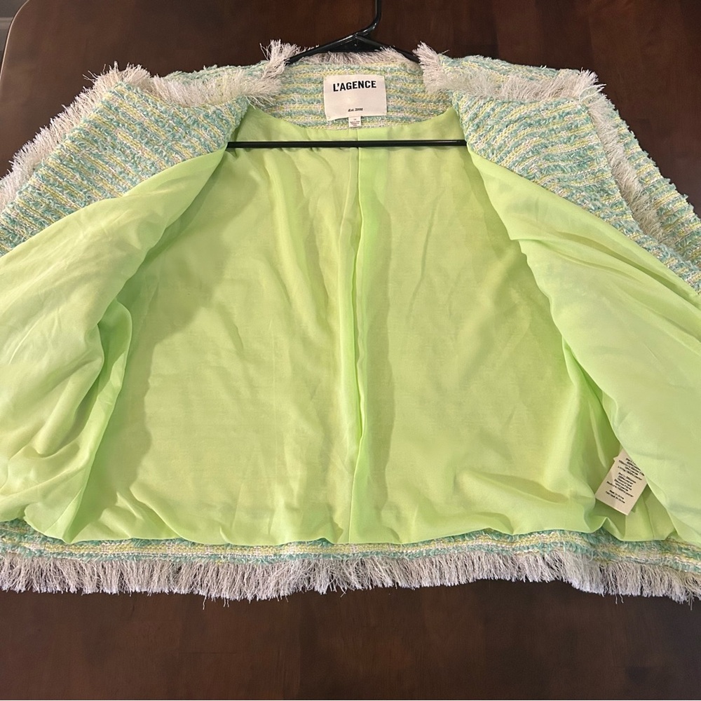 L'AGENCE Angelina Fray Tweed Jacket Open Front Blazer in Light Green Size 14 - Picture 10 of 16